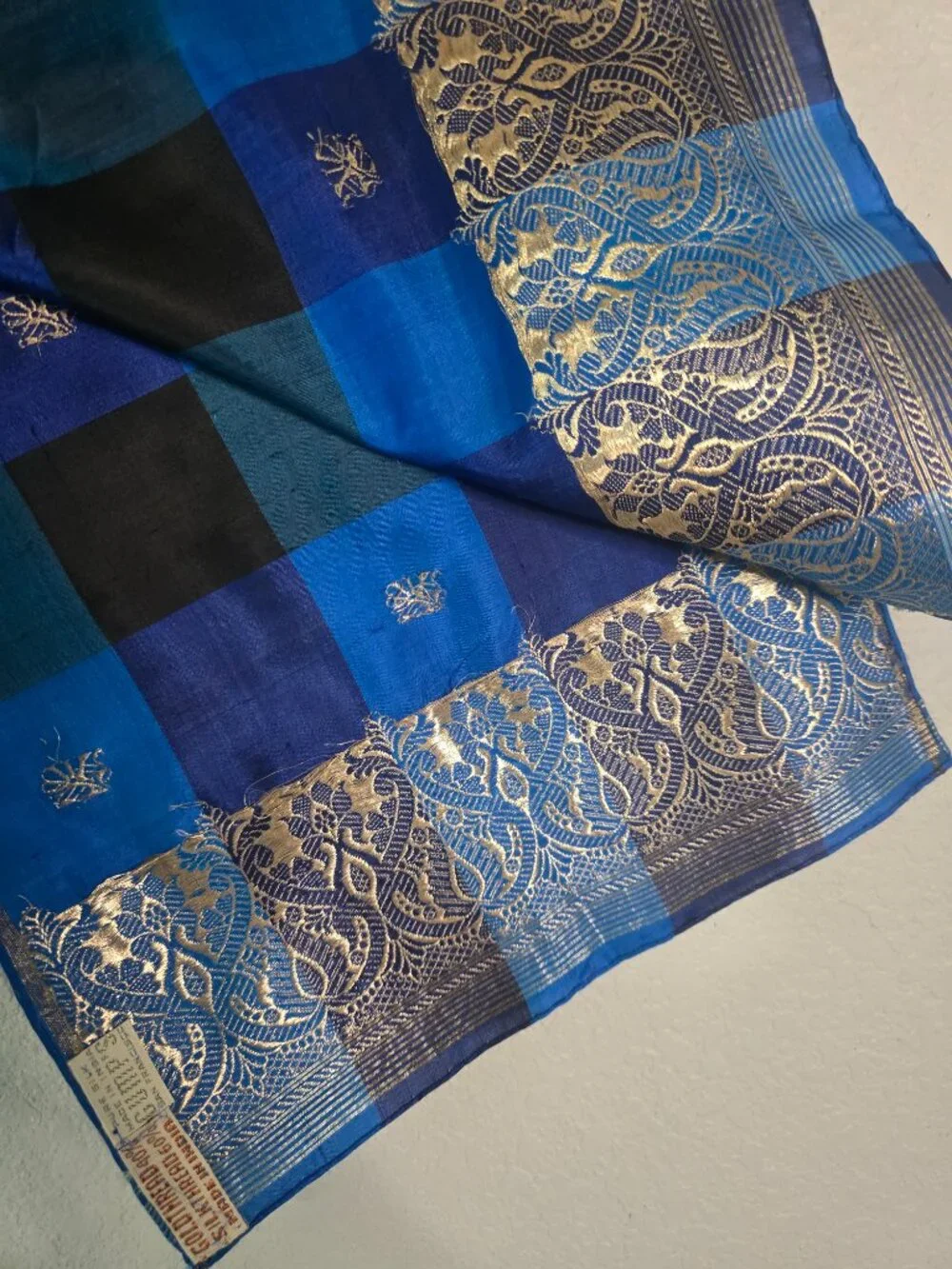 Vintage Gump's San Francisco Blue Silk Gold Thread Indian Wrap Scarf
